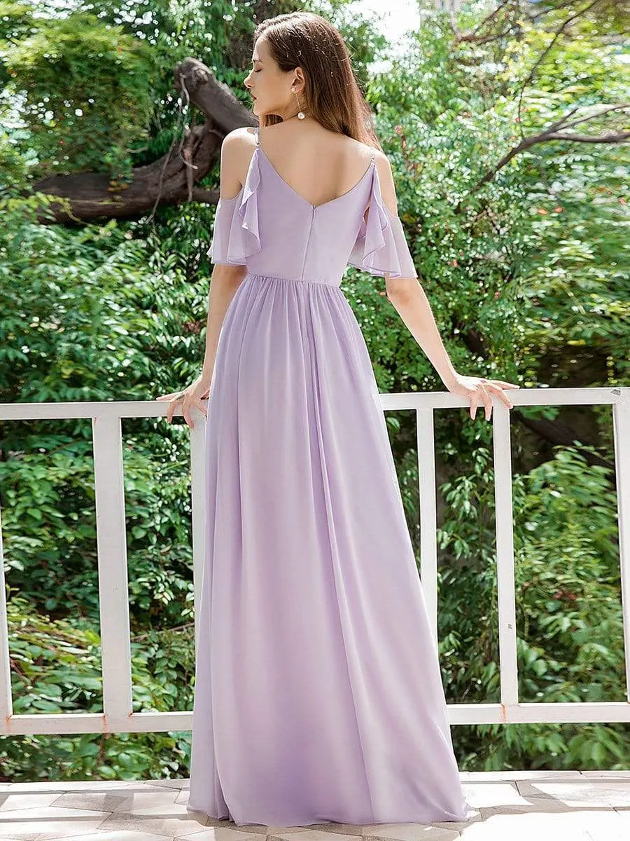 Elegant Chiffon V-neck Bridesmaid Dresses with Ruffles Sleeves