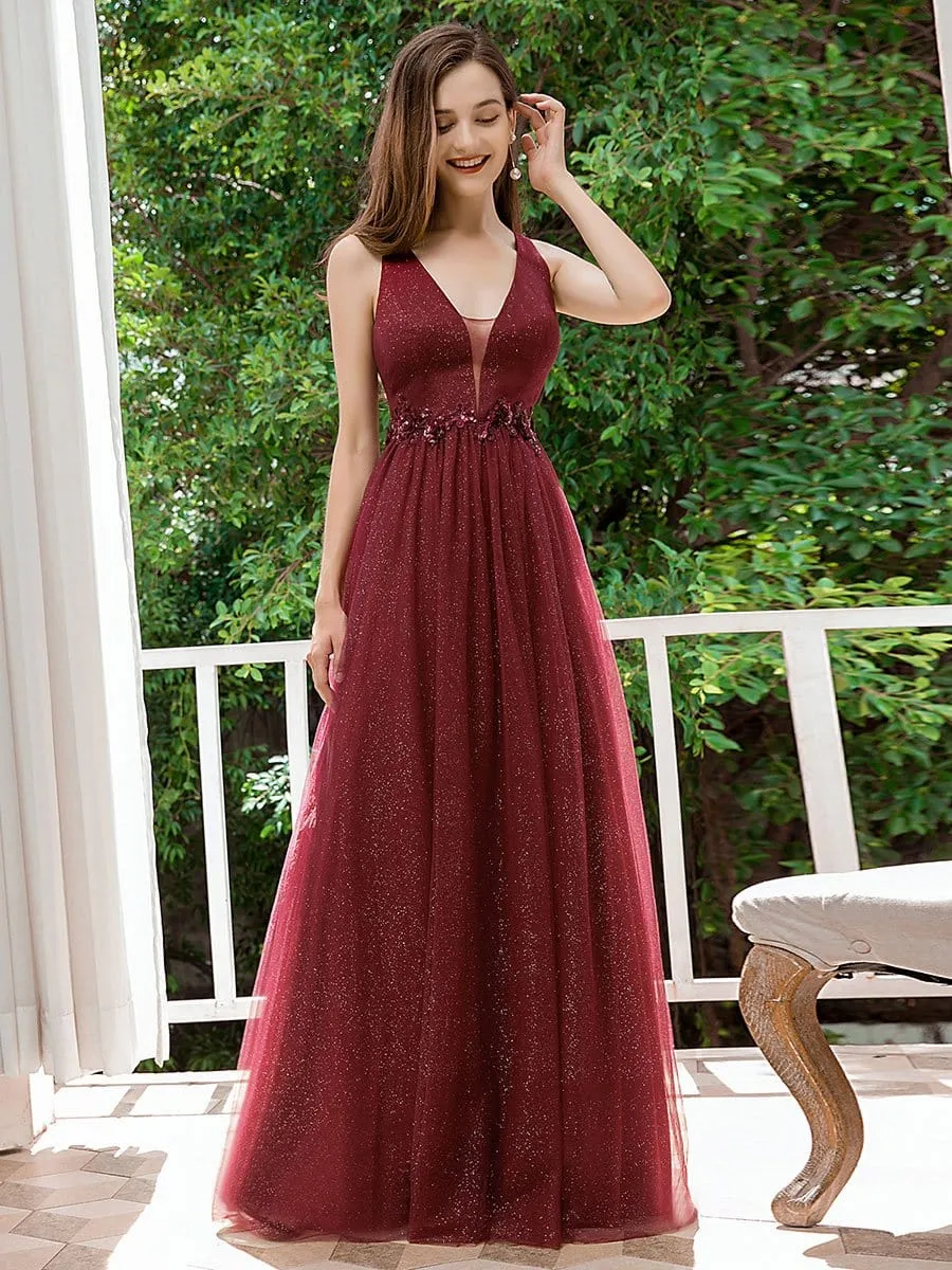 Fashion V Neckline A-Line Tulle Bridesmaid Dresses with Floral Appliques