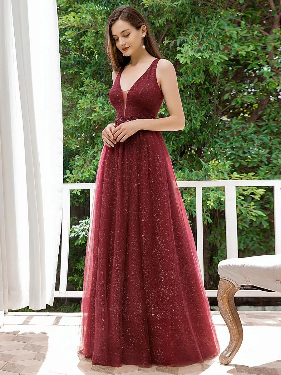 Fashion V Neckline A-Line Tulle Bridesmaid Dresses with Floral Appliques