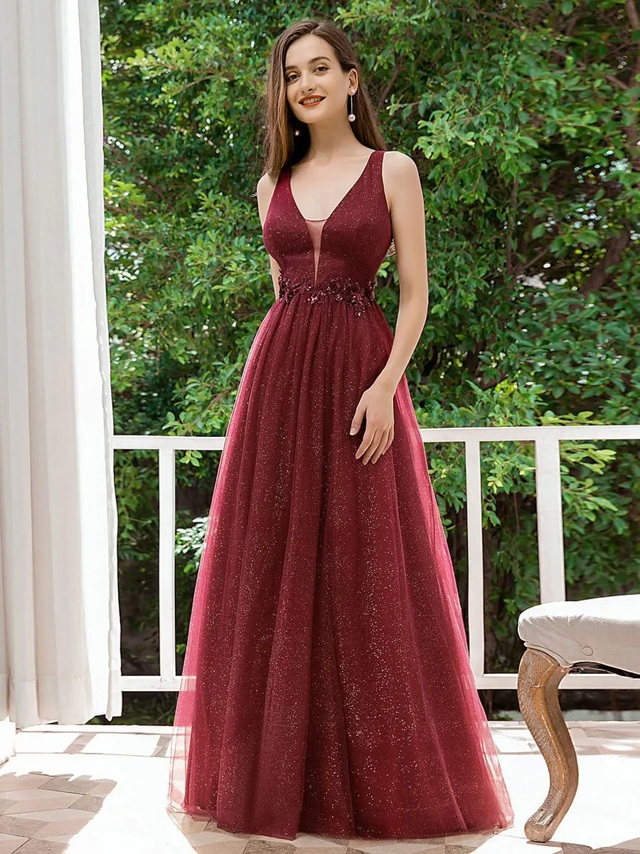 Fashion V Neckline A-Line Tulle Bridesmaid Dresses with Floral Appliques