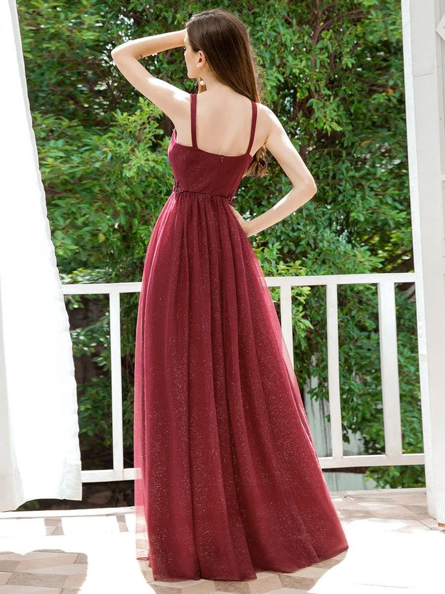 Fashion V Neckline A-Line Tulle Bridesmaid Dresses with Floral Appliques