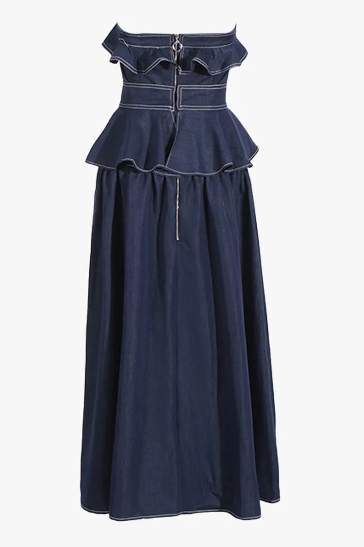 French Style Strapless Ruffle Peplum Drop Waist Denim Maxi Vacation Dress