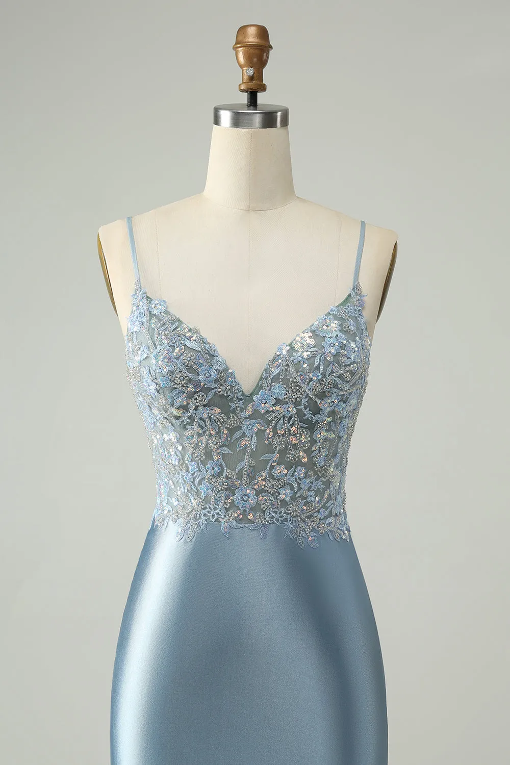 Glitter Dusty Blue Beaded Floral Tight Satin Mini Dress