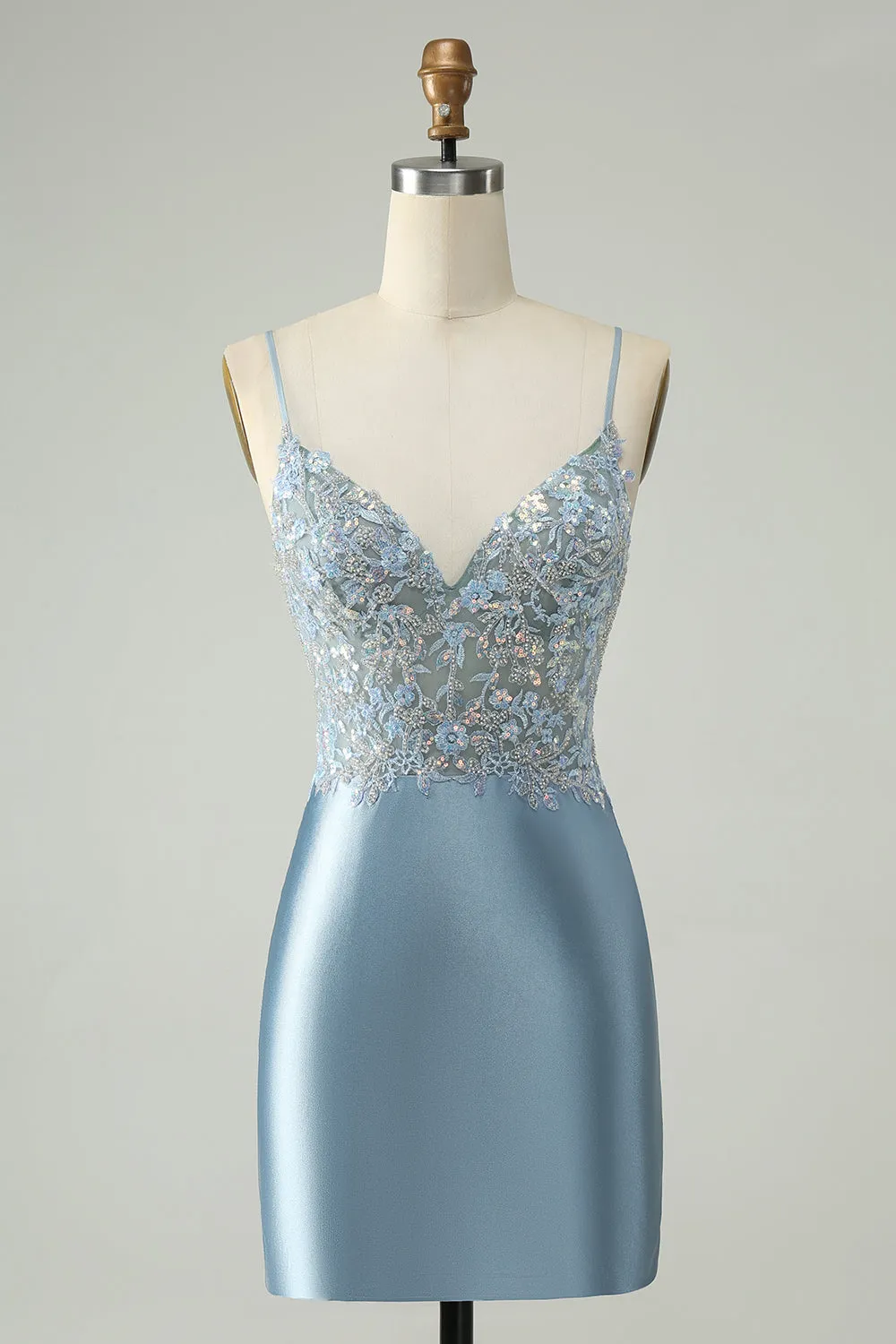 Glitter Dusty Blue Beaded Floral Tight Satin Mini Dress