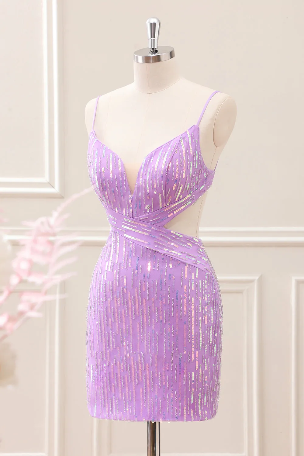 Glitter Purple Tight Sequined V Neck Mini Dress