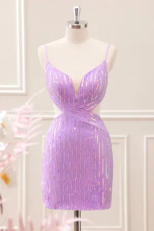 Glitter Purple Tight Sequined V Neck Mini Dress