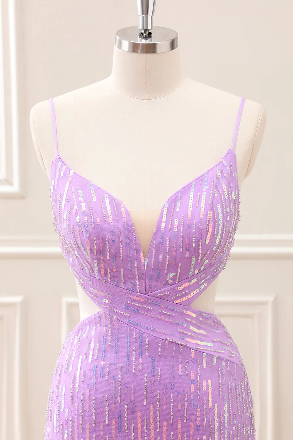 Glitter Purple Tight Sequined V Neck Mini Dress