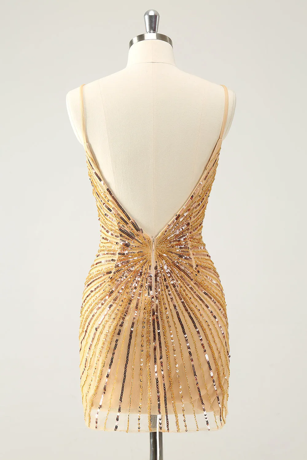 Golden Bodycon Spaghetti Straps Mini Dress with Sequins