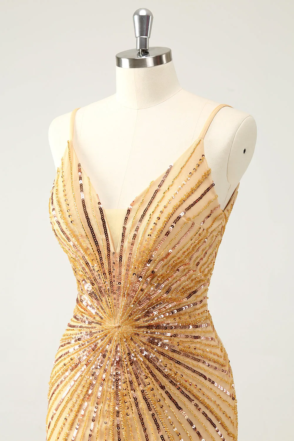 Golden Bodycon Spaghetti Straps Mini Dress with Sequins