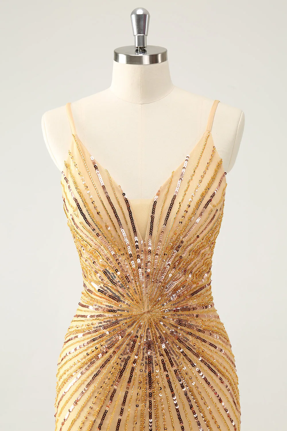 Golden Bodycon Spaghetti Straps Mini Dress with Sequins