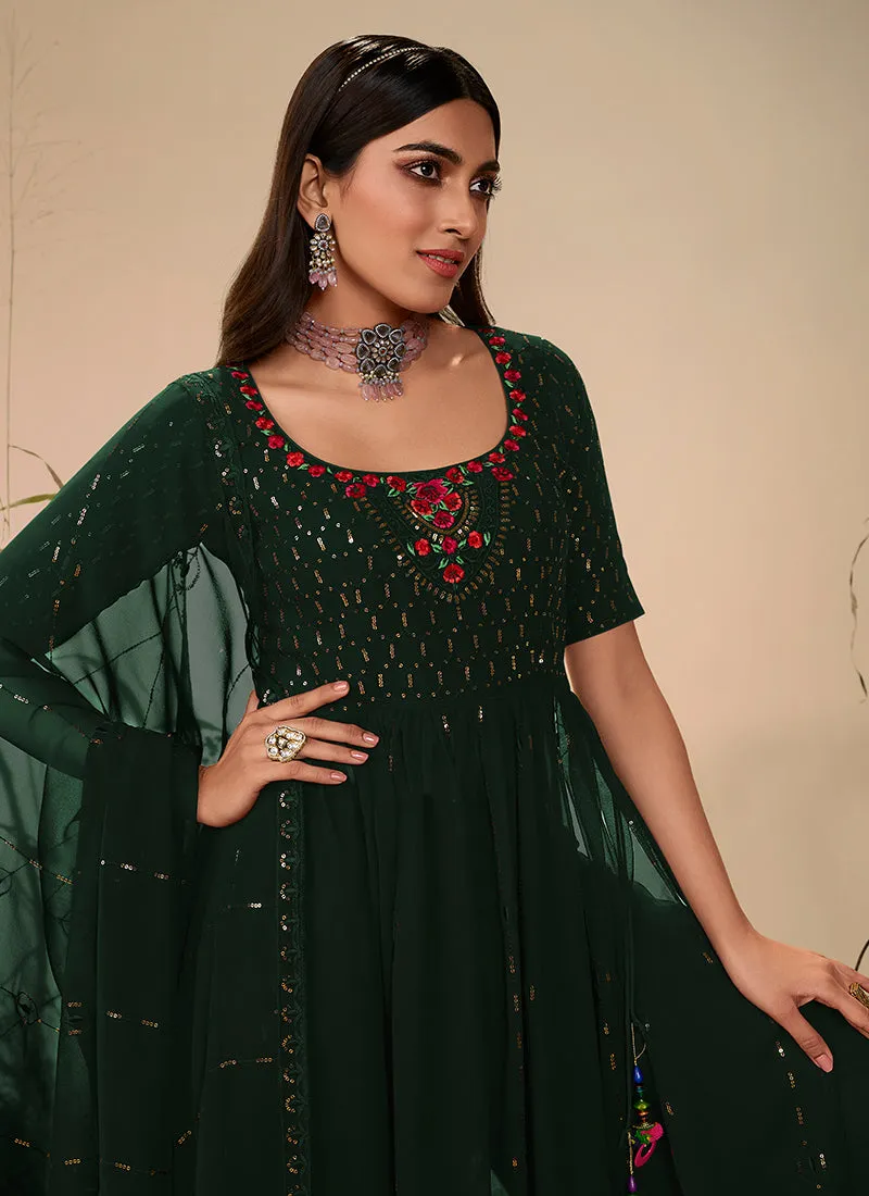 Green Sequence Embroidered Festive Palazzo Suit