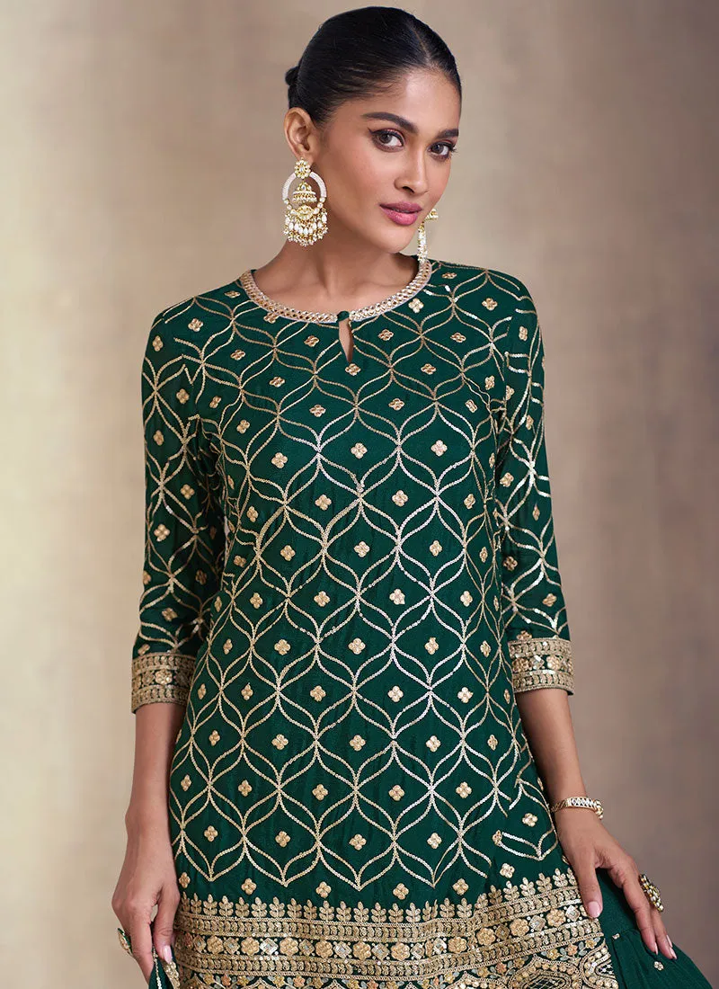 Green Sequence Embroidery Sharara Style Suit