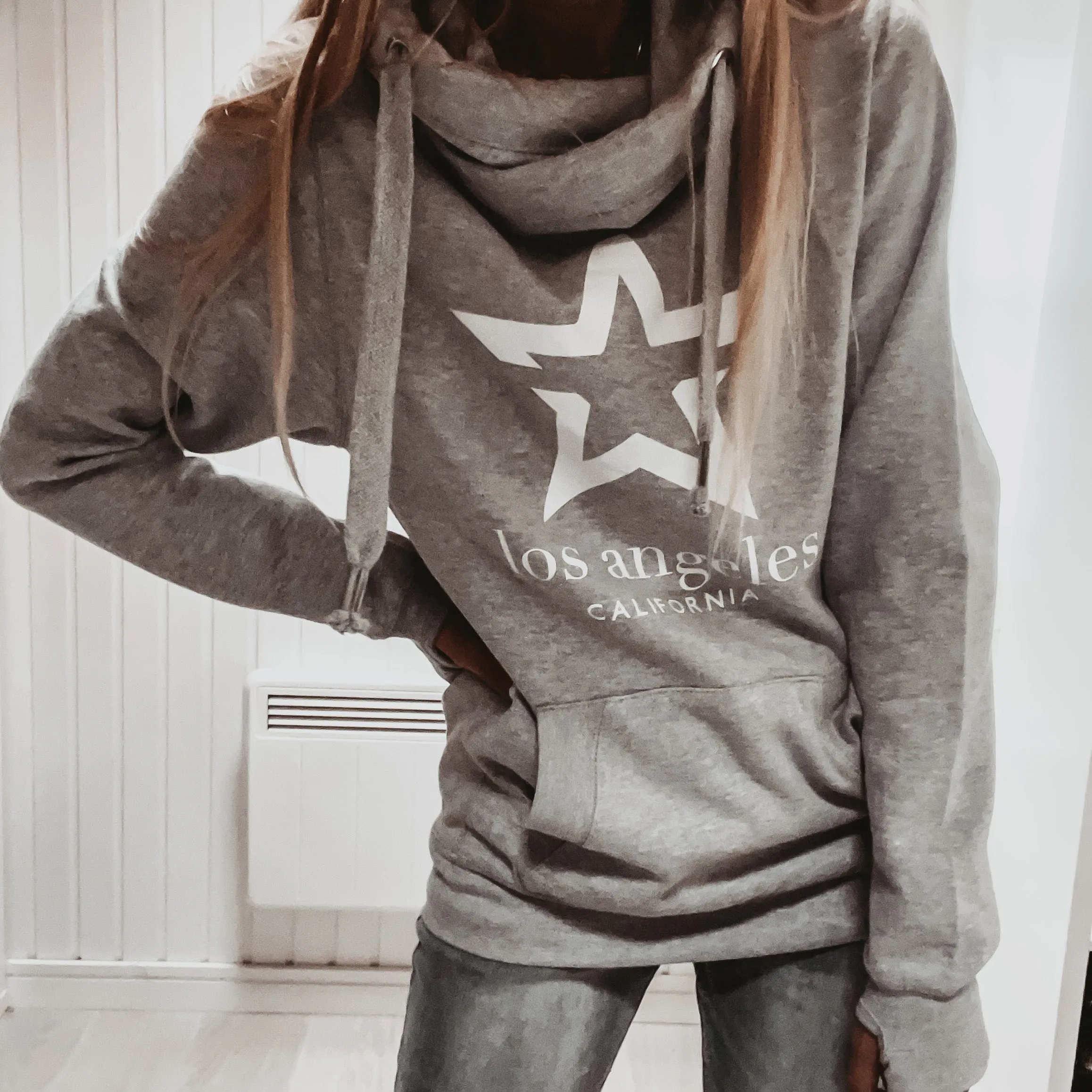 Grey & white LA star crossover neck hoody *boyfriend fit*