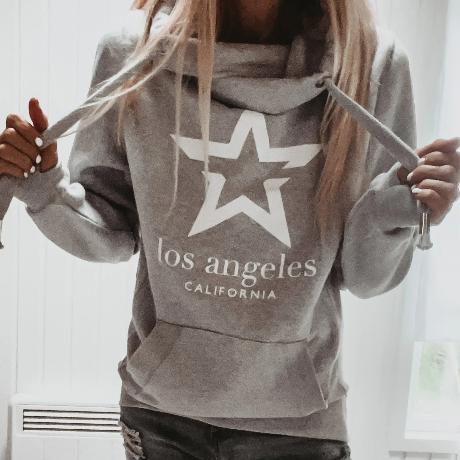 Grey & white LA star crossover neck hoody *boyfriend fit*