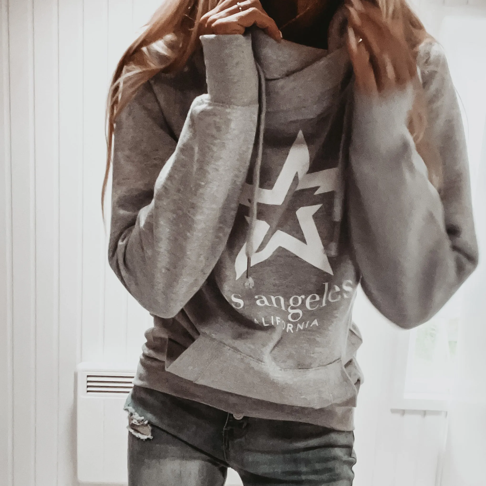 Grey & white LA star crossover neck hoody *boyfriend fit*