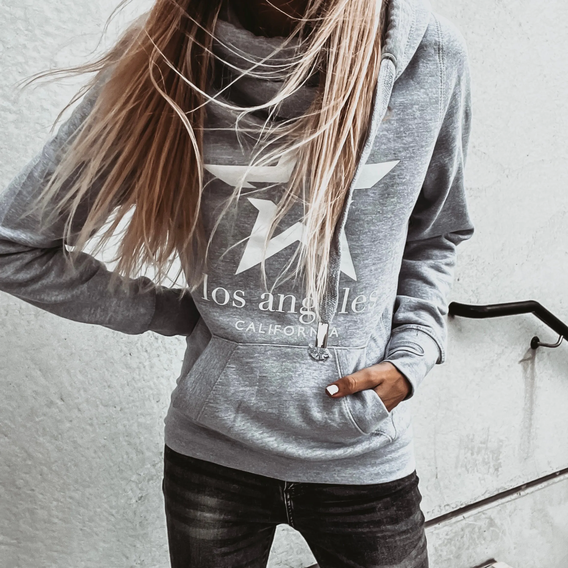 Grey & white LA star crossover neck hoody *boyfriend fit*