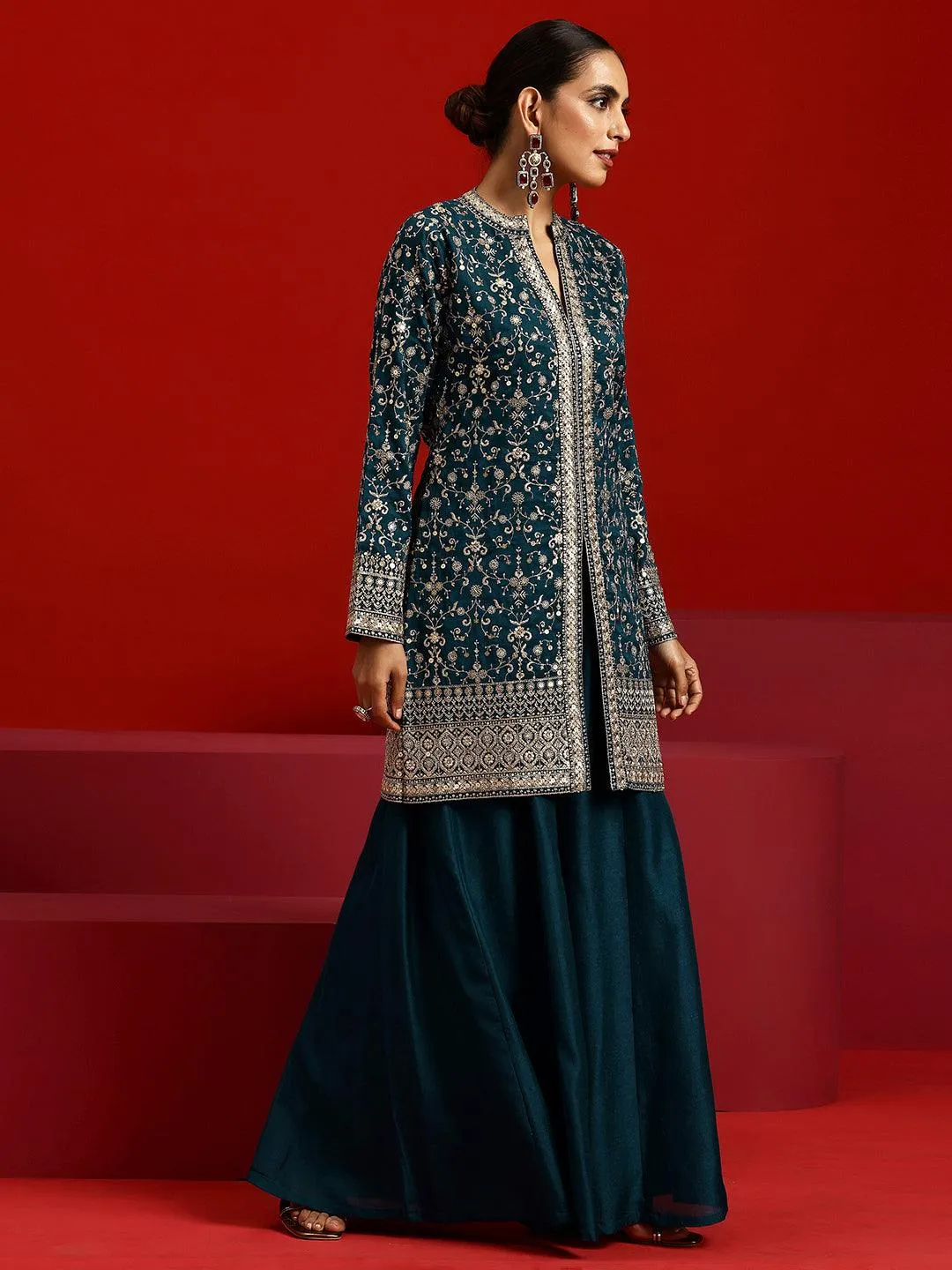 Jashvi Art Teal Embroidered Silk Blend Pakistani Suit