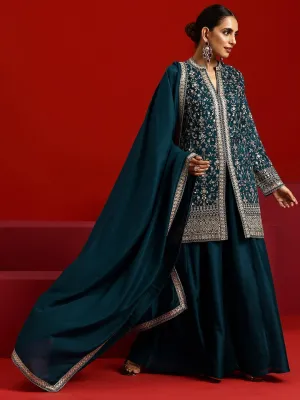 Jashvi Art Teal Embroidered Silk Blend Pakistani Suit