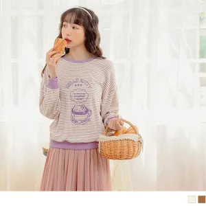 KITTY PRINTED ROUND NECK STRIPED LONG SLEEVE TOPS