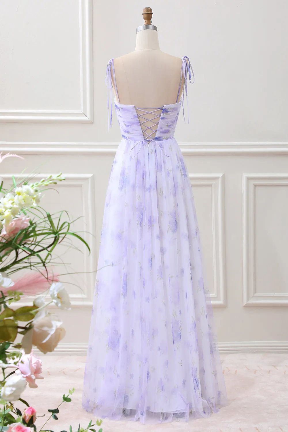 Lavender Flower Spaghetti Straps A Line Maxi Dress with Slit