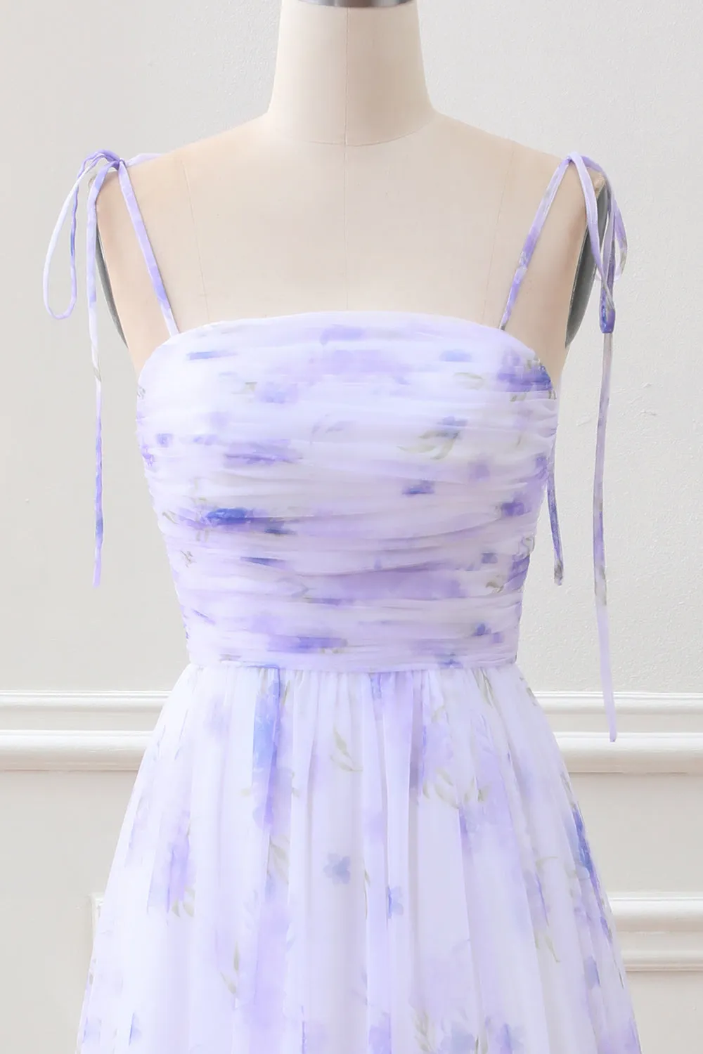 Lavender Flower Spaghetti Straps A Line Maxi Dress with Slit