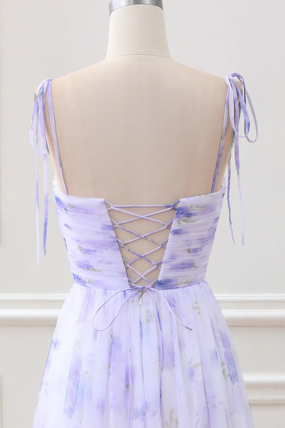 Lavender Flower Spaghetti Straps A Line Maxi Dress with Slit