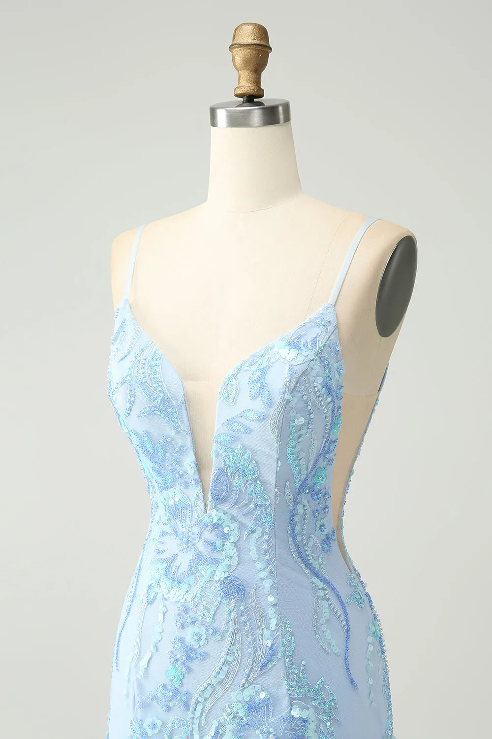 Light Blue Spaghetti Straps Tight Mini Dress with Sequins