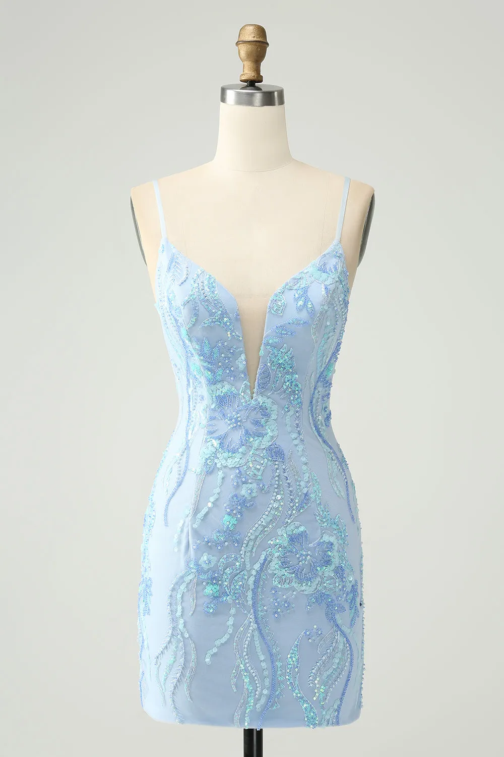 Light Blue Spaghetti Straps Tight Mini Dress with Sequins