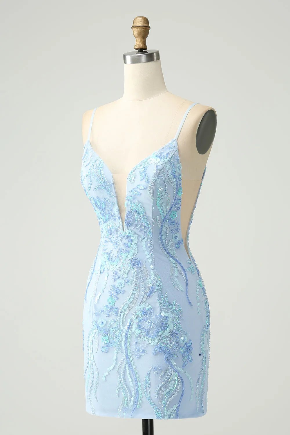 Light Blue Spaghetti Straps Tight Mini Dress with Sequins