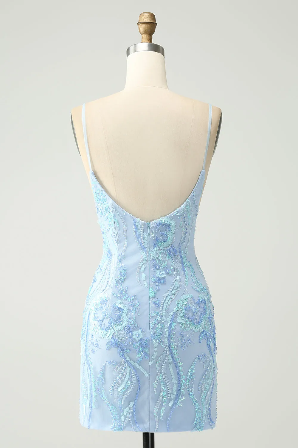 Light Blue Spaghetti Straps Tight Mini Dress with Sequins