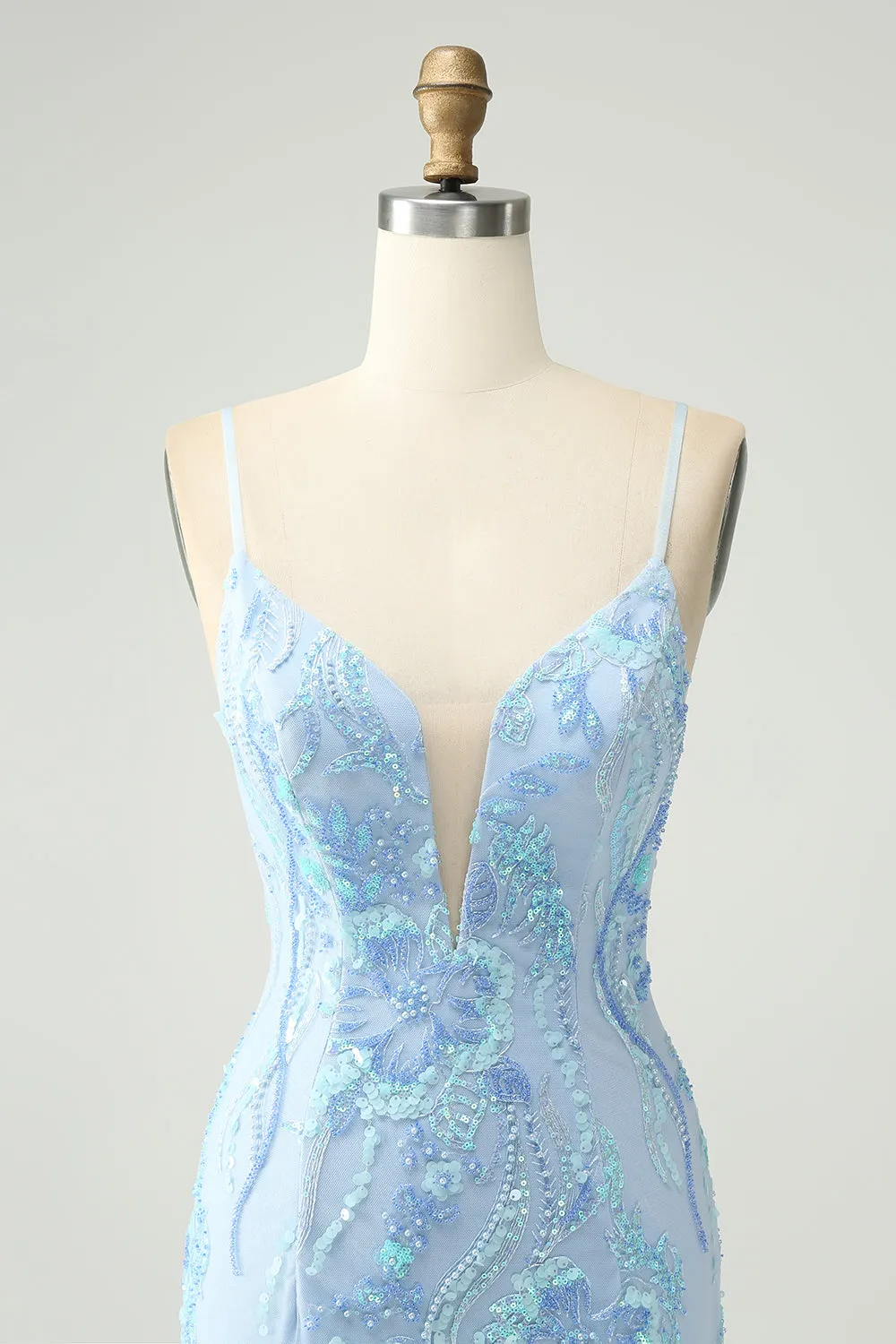 Light Blue Spaghetti Straps Tight Mini Dress with Sequins