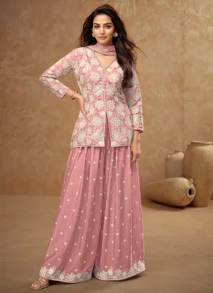 Light Pink Embroidered Koti Style Kurti And Palazzo Suit