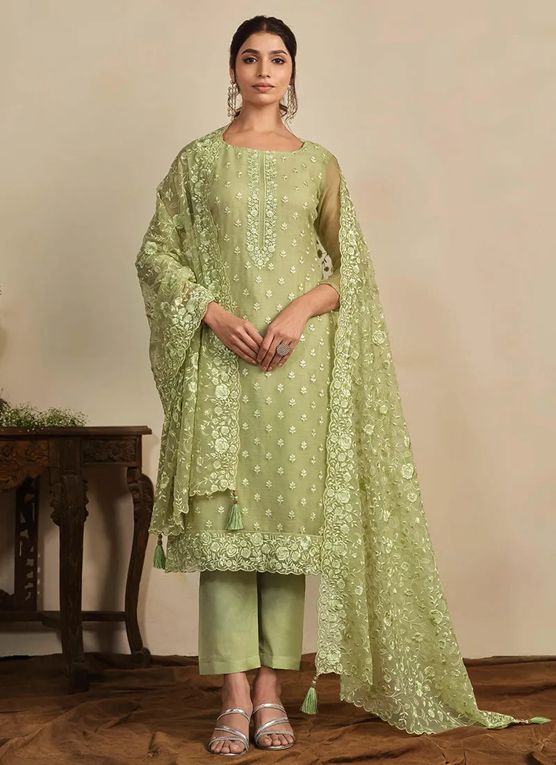 Lime Green Thread Work Embroidery Pakistani Pant Suit