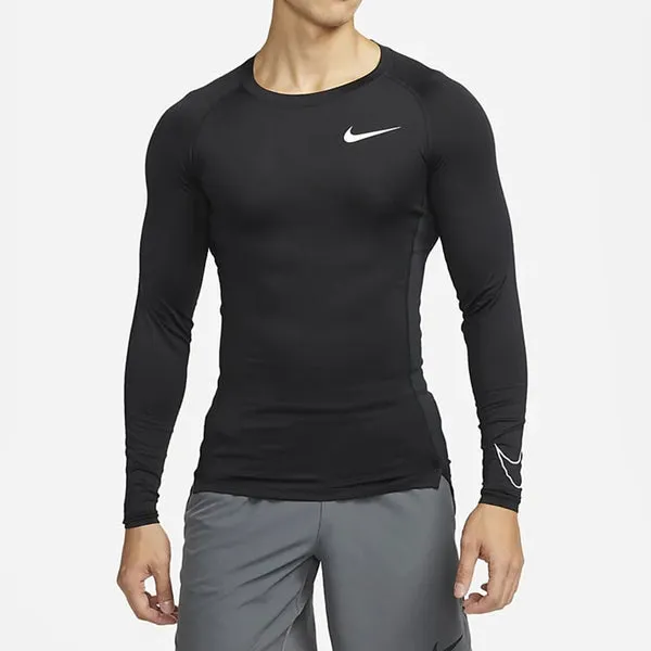 Men's Nike Pro Dri-fit Athleisure Casual Sports Round Neck Breathable Long Sleeves Black T-Shirt, Black