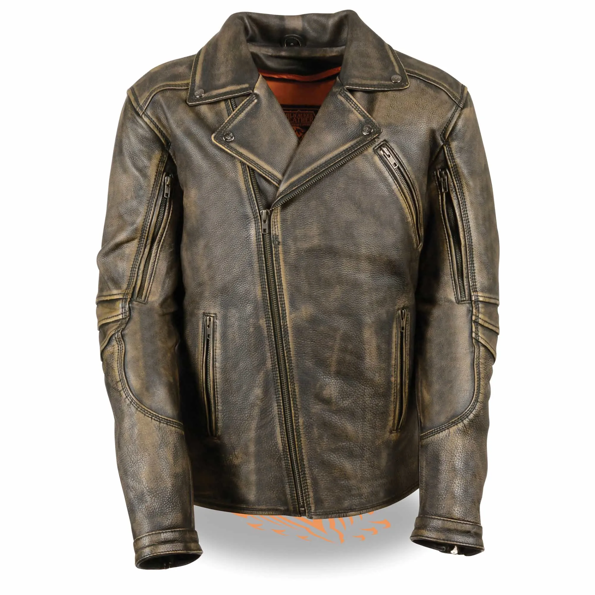 Men’s Triple Stitch Extra Long Beltless Biker Jacket Distressed Brown