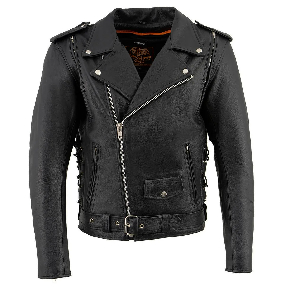 Milwaukee Leather LKM1775 Black Leather Motorcycle Jacket for Men, Thick Brando Style Biker Jacket w/ Side Lace