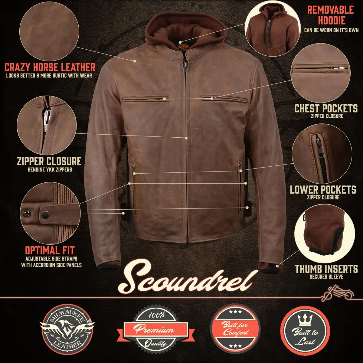 Milwaukee Leather MLM1518 Men's 'Scoundrel' Vintage Crazy Horse Brown Leather Jacket w/ Removable Hoodie