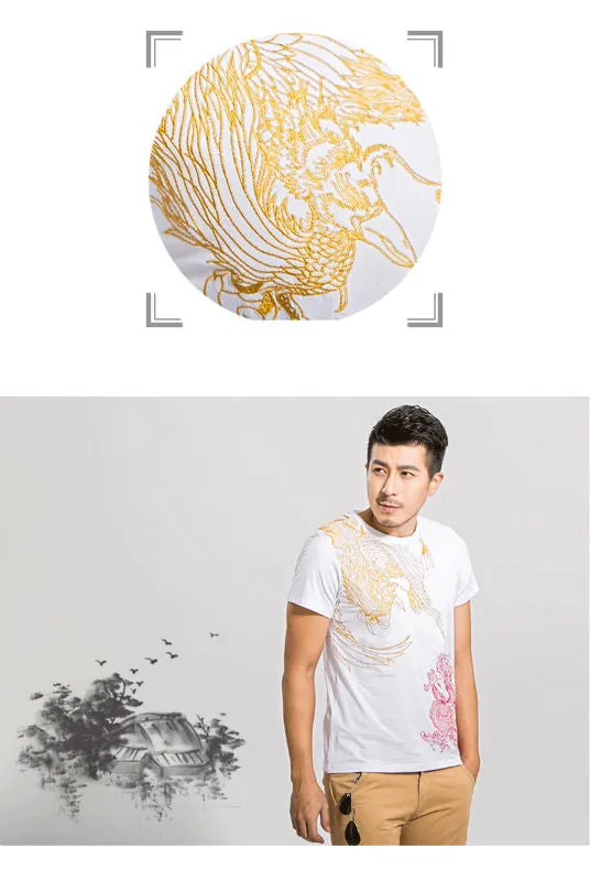 New Arrival, Chinese Style Dragon, Phoenix Embroidery, Men's Round Neck Cotton Shirts