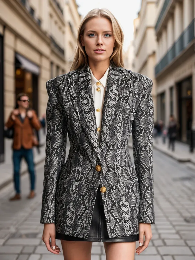 Pattern Print Notched Collar Long Sleeve Tunic Spliced Button Blazer