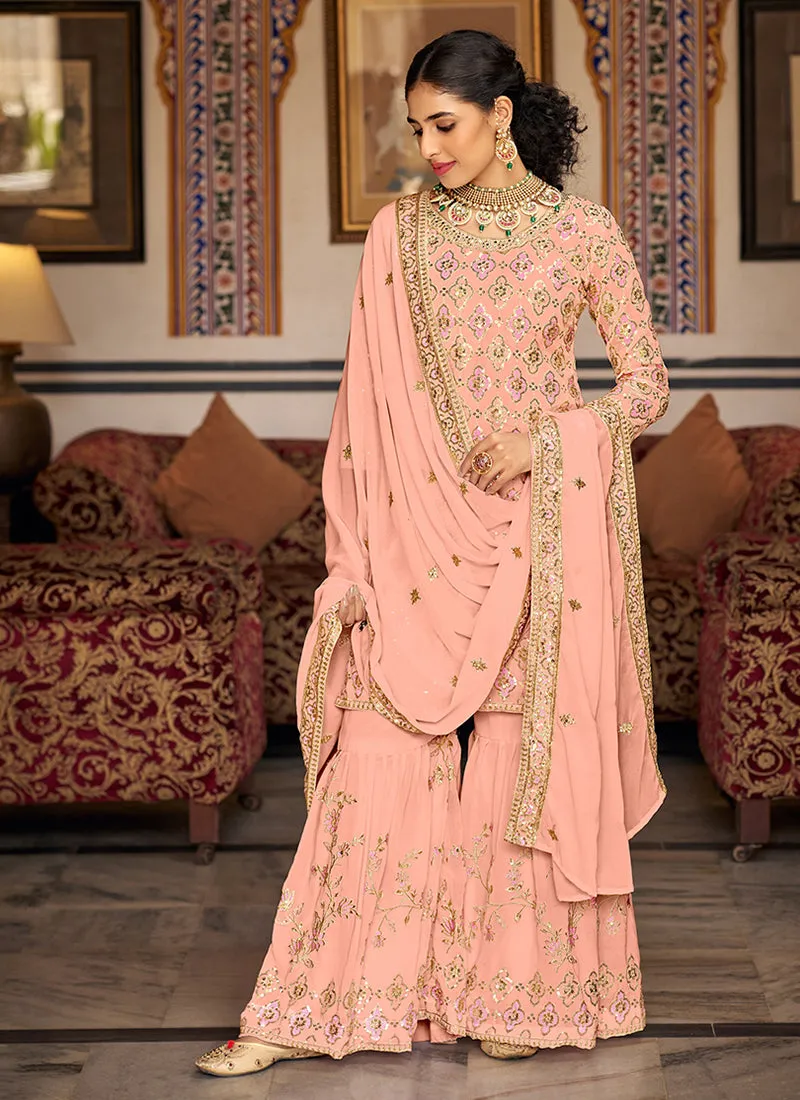 Peach Sequence Embroidery Traditional Gharara Suit