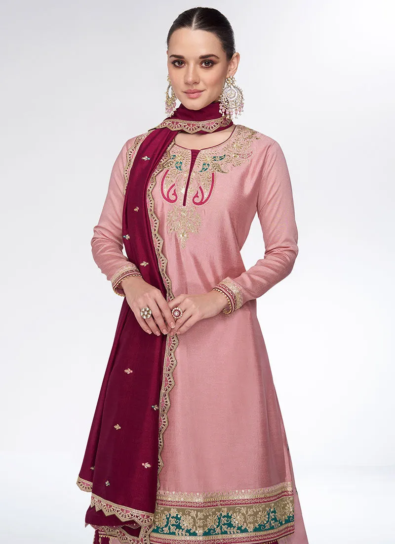 Pink Two Tone Multi Embroidery Lehenga Kurti And Dupatta