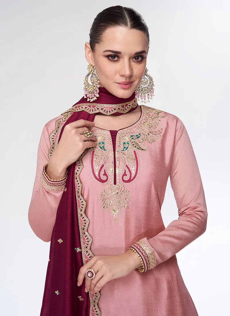 Pink Two Tone Multi Embroidery Lehenga Kurti And Dupatta