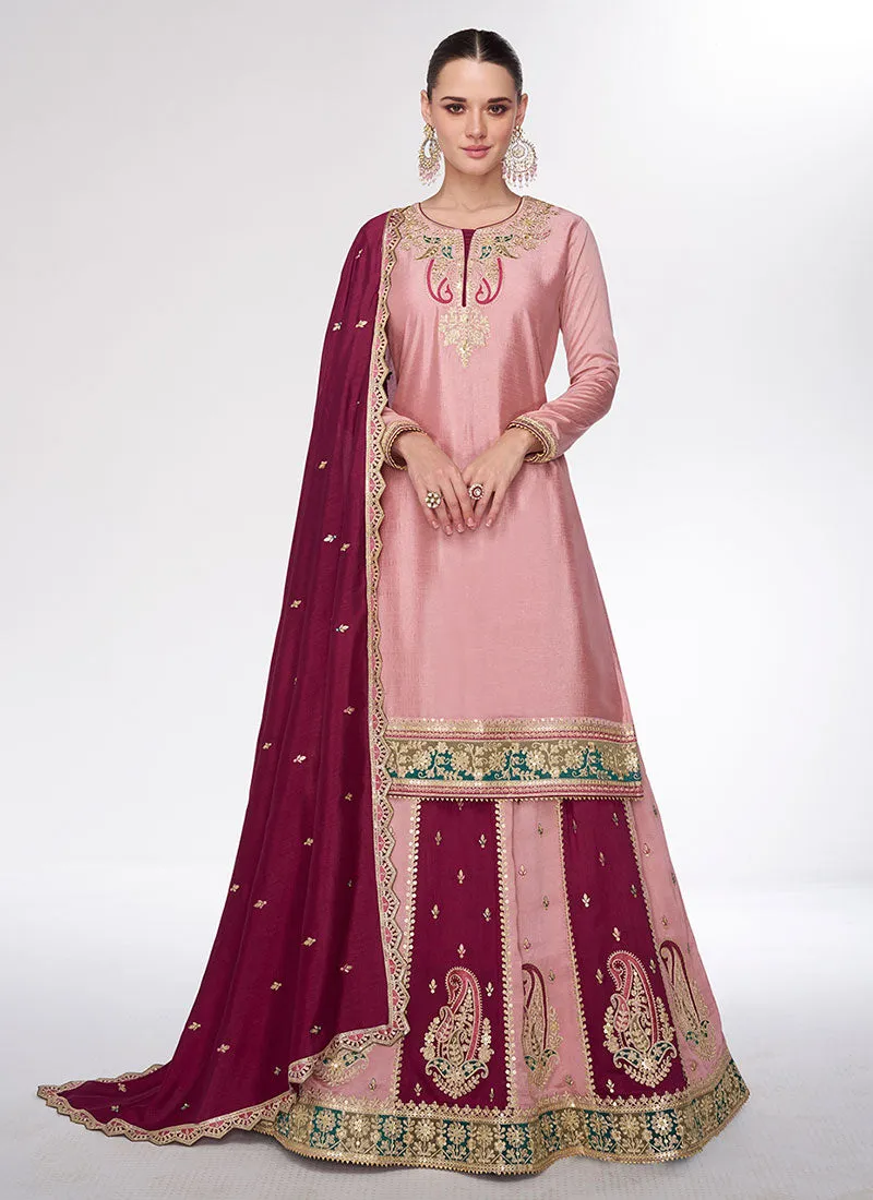 Pink Two Tone Multi Embroidery Lehenga Kurti And Dupatta