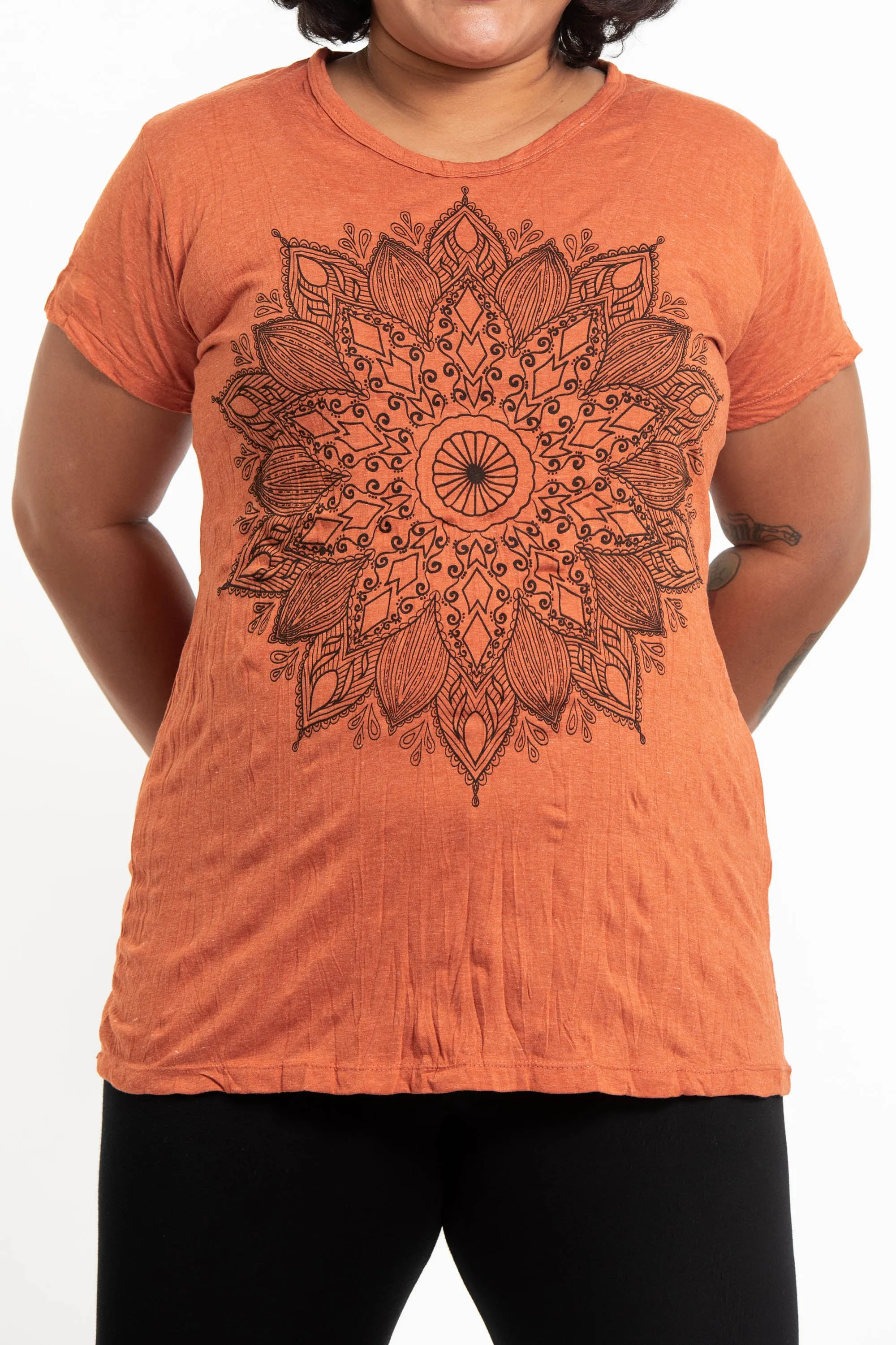 Plus Size Womens Lotus Mandala T-Shirt in Orange