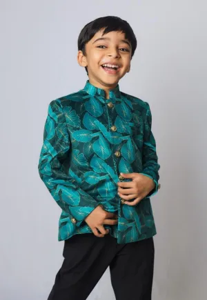 Pre-Order: Green Leaves Printed Velvet Bandgala Blazer Set