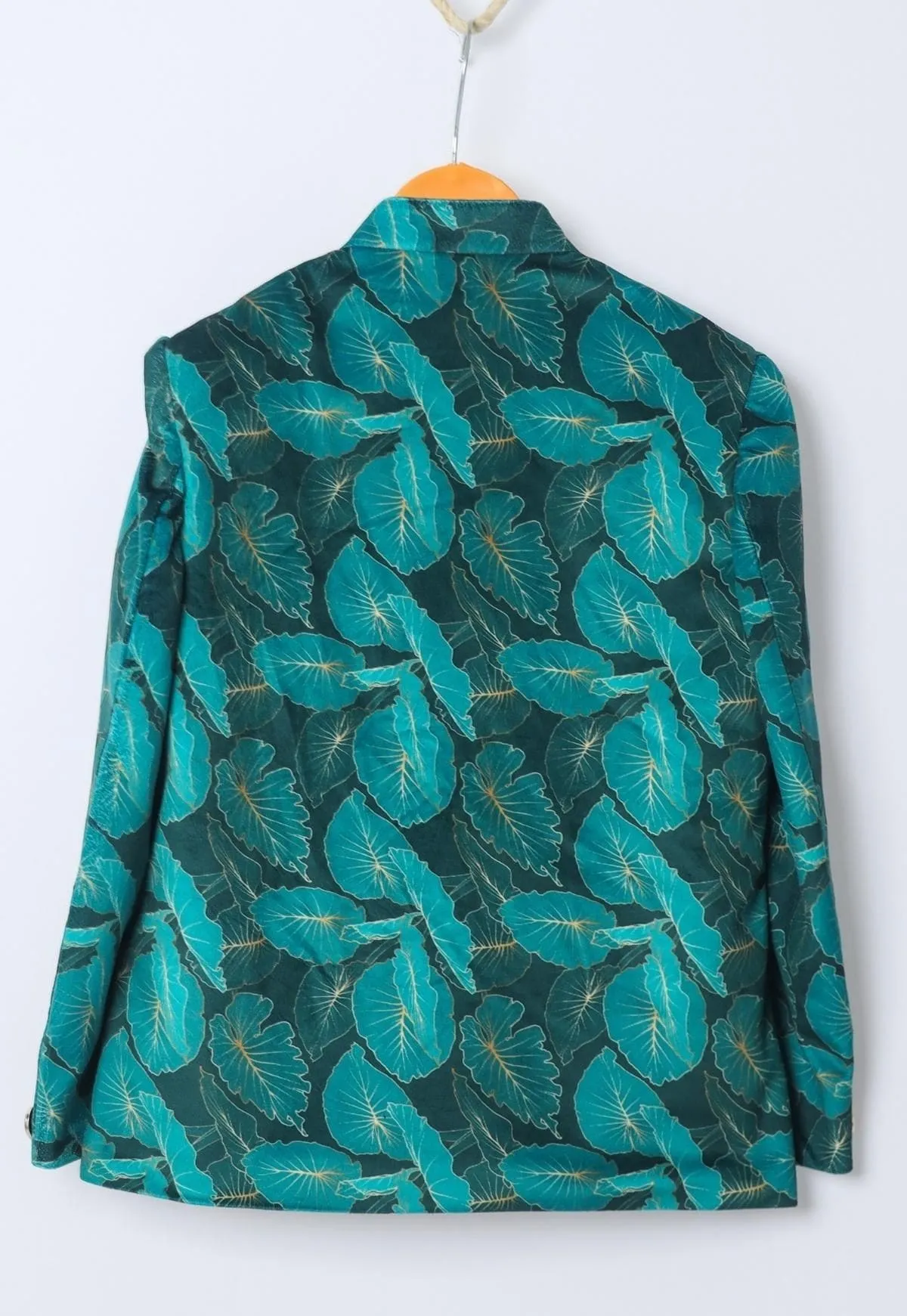 Pre-Order: Green Leaves Printed Velvet Bandgala Blazer Set