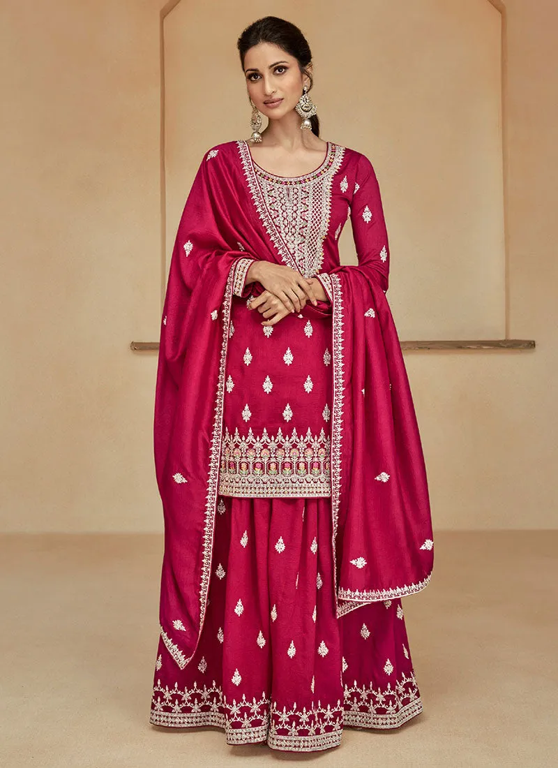 Rani Pink Multi Embroidery Wedding Sharara Suit