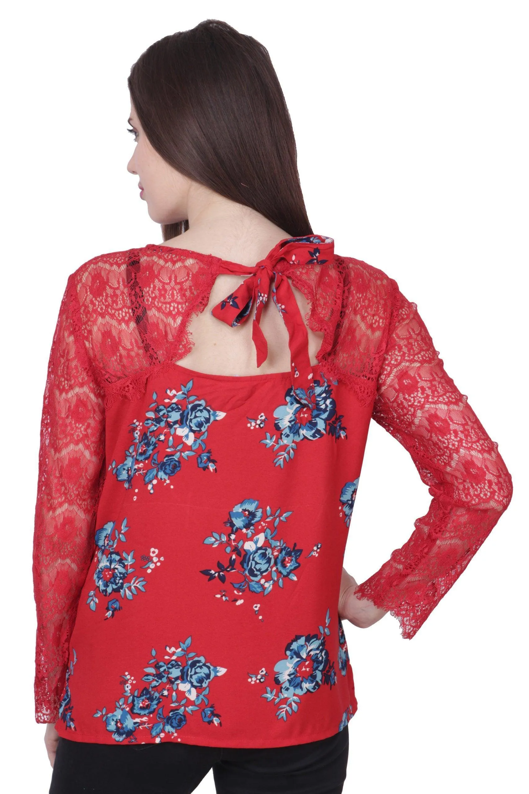 Red Floral Printed Top with Lace Sleeves