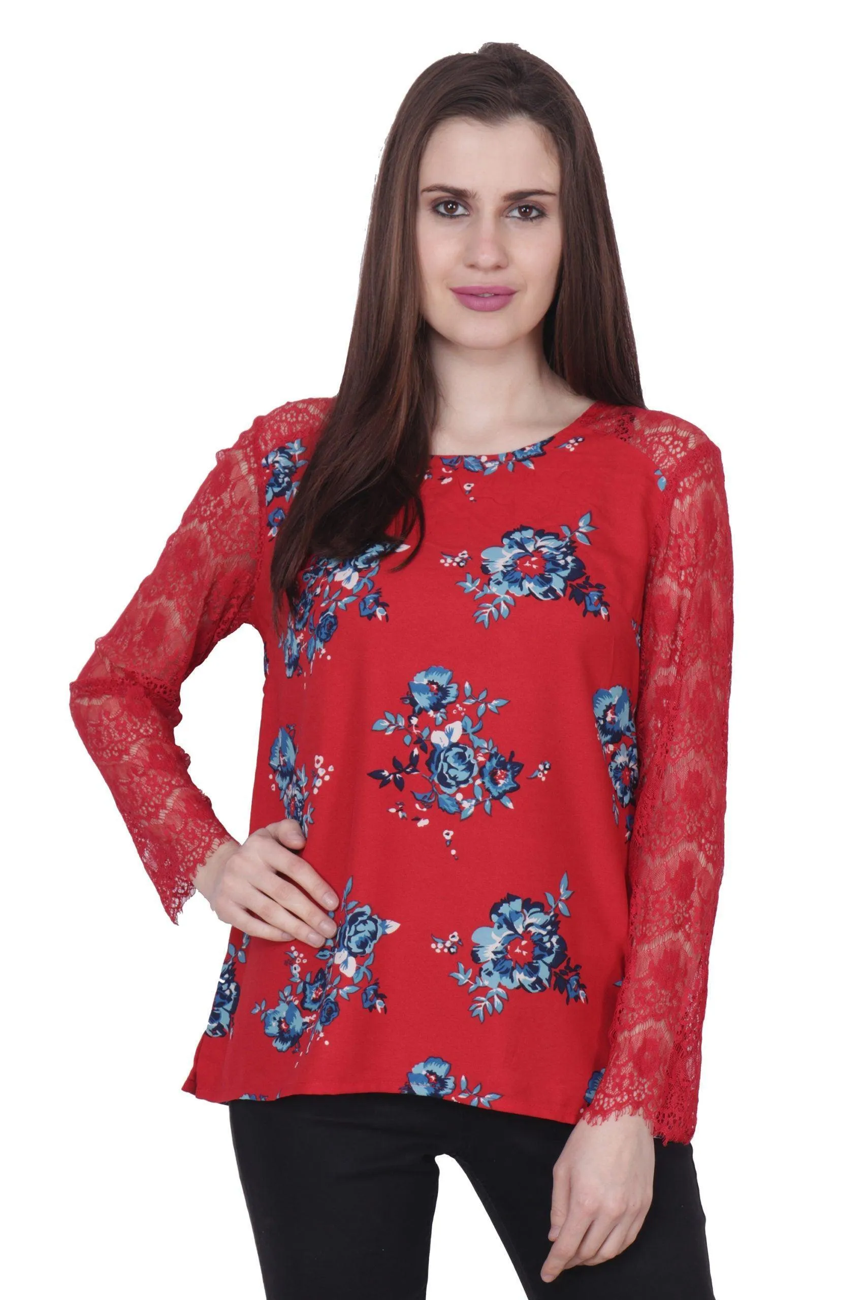 Red Floral Printed Top with Lace Sleeves