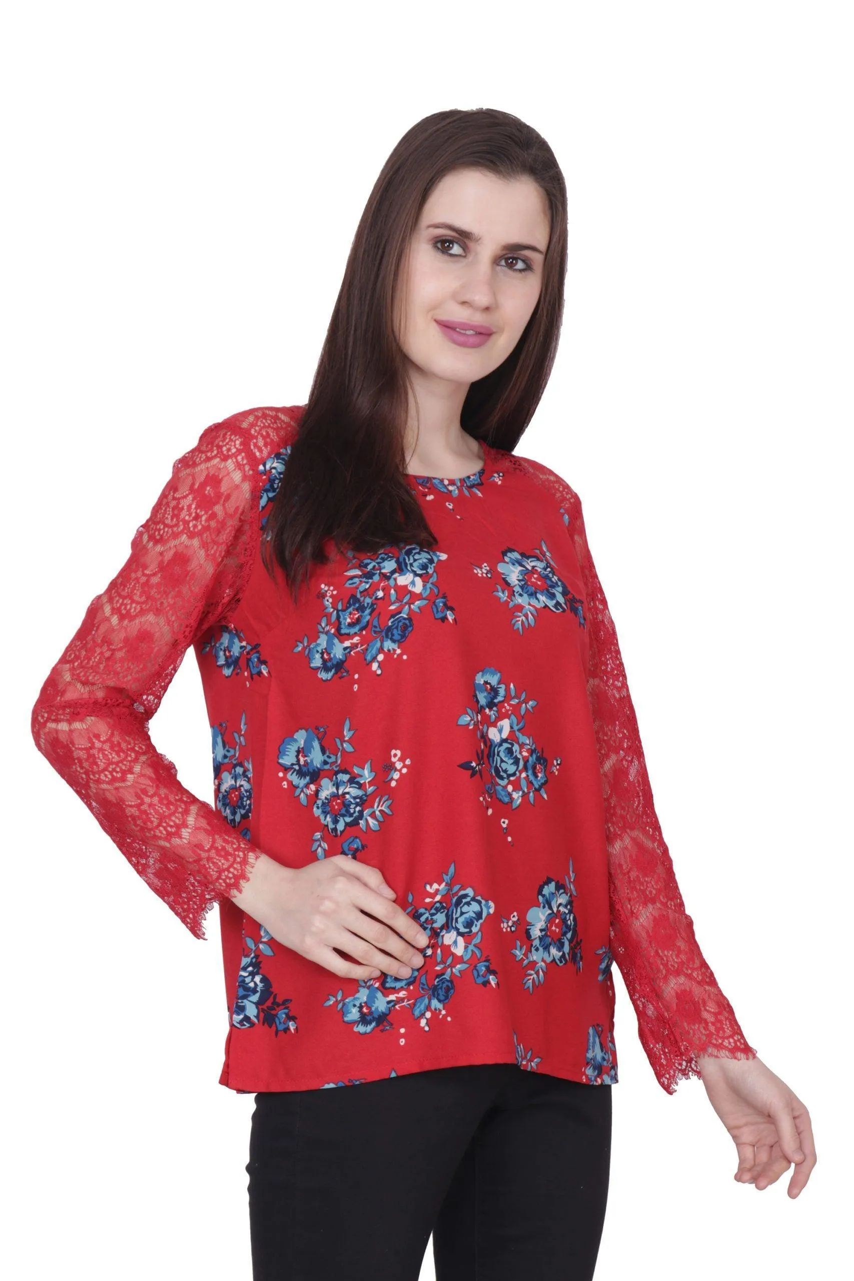 Red Floral Printed Top with Lace Sleeves